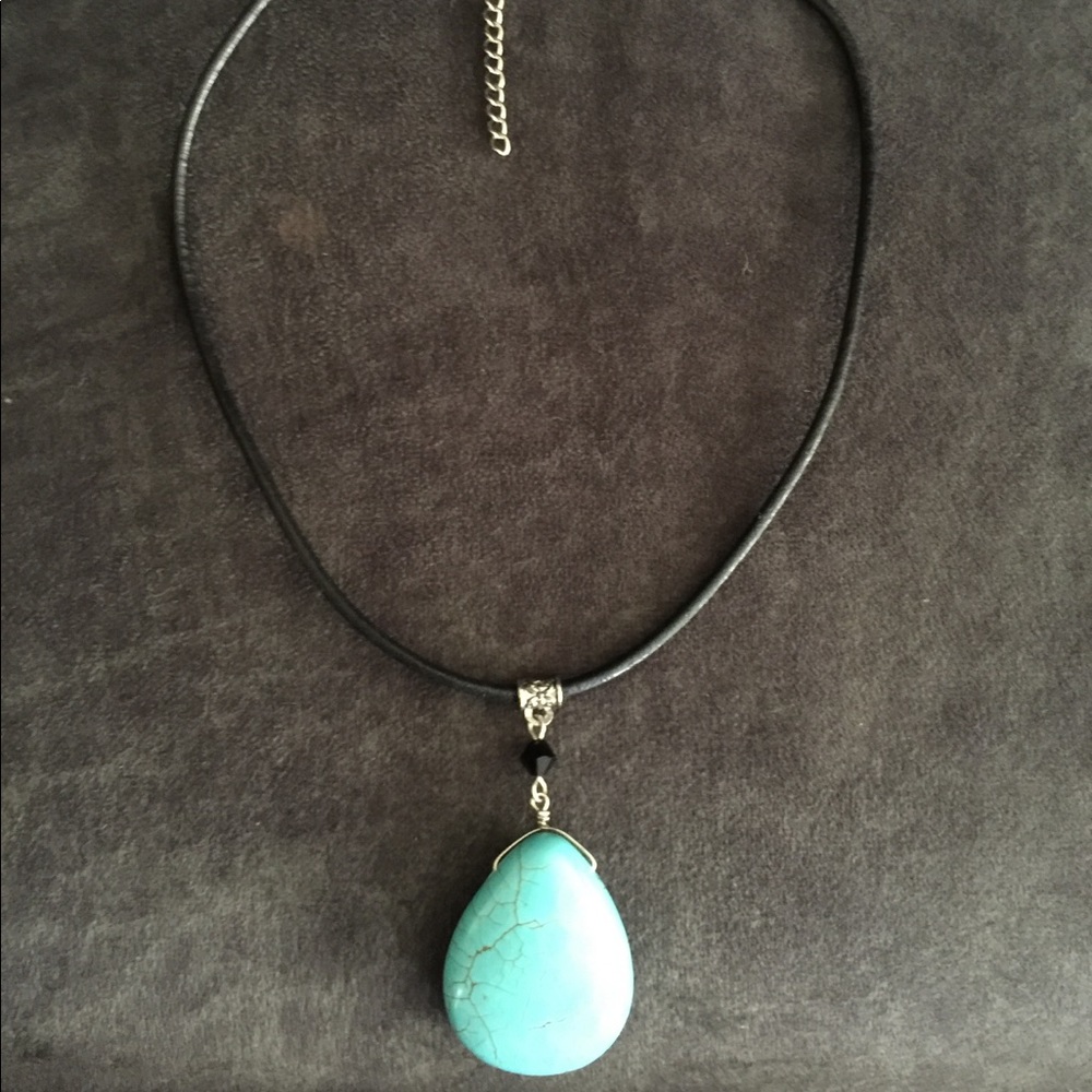 Large Blue stone necklace w/faux black leather